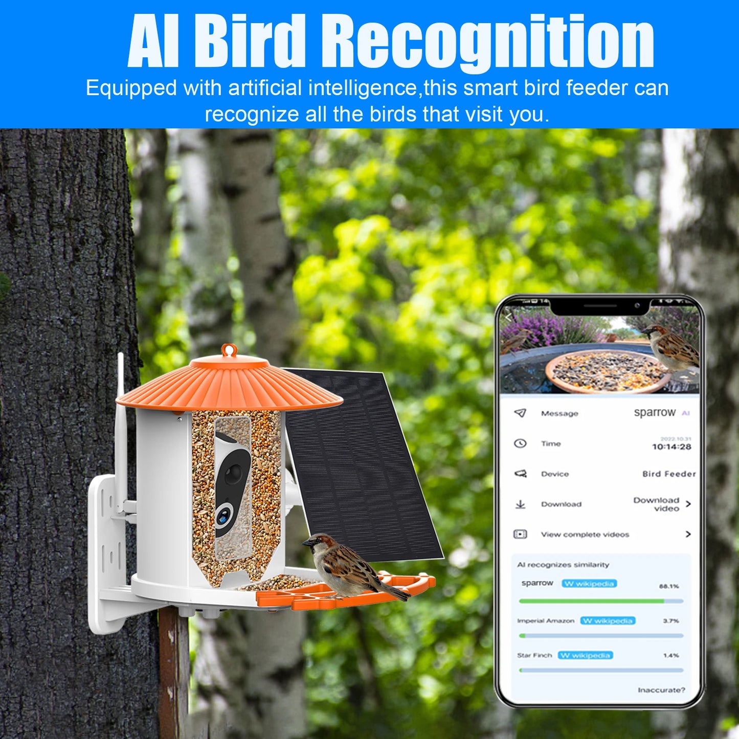 Smart Bird Feeder with Camera APP Night Vision 1080P HD Wireless Solar Panel