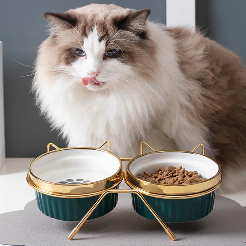 Cat Ceramic Bowl Pet Feeder with Metal Stand