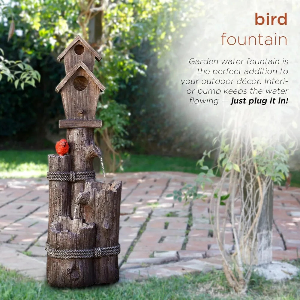 Outdoor Waterfall Fountain, Birdhouse, 35", Brown, Outdoor Floor 3-Tiered Log and Branch Waterfall Fountain