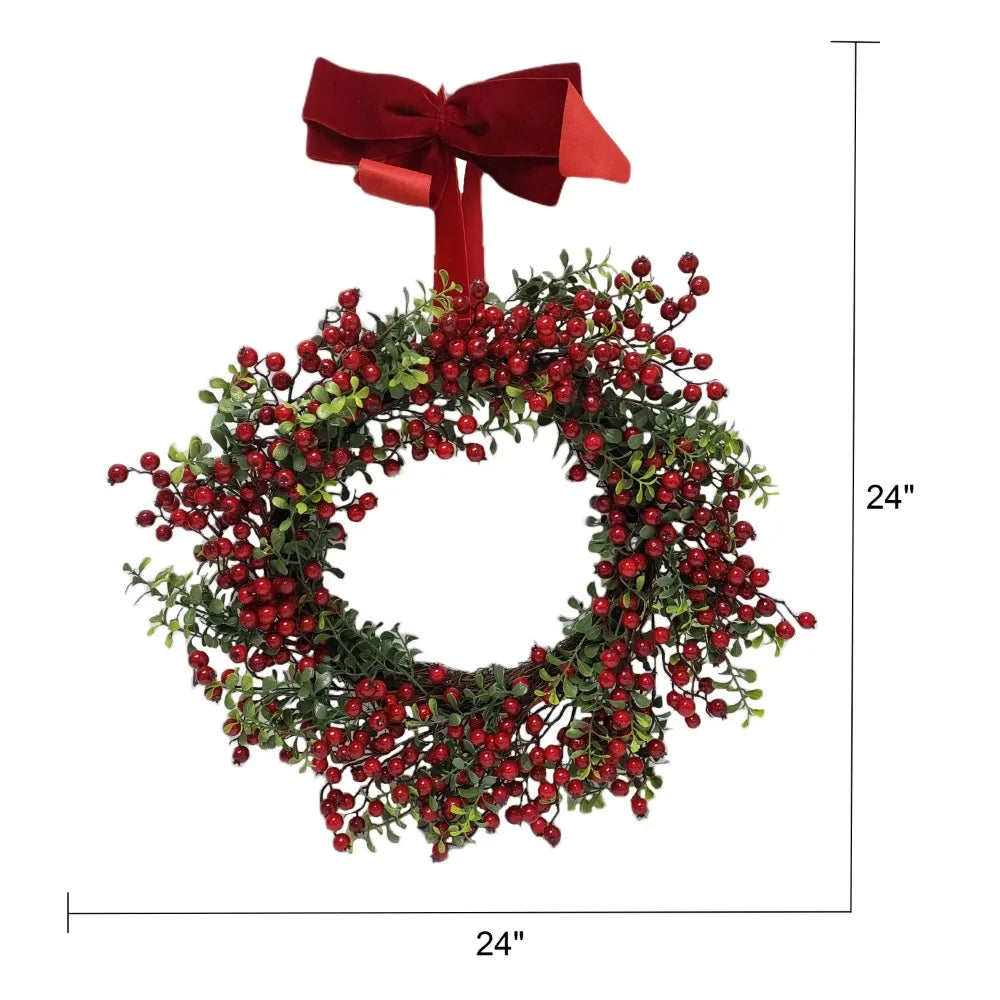 Non-Lit Red Berry Velvet Bow Boxwood Wreath