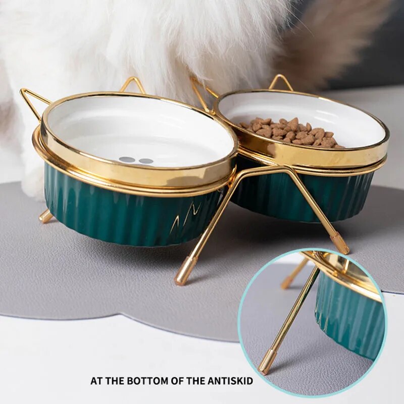 Cat Ceramic Bowl Pet Feeder with Metal Stand