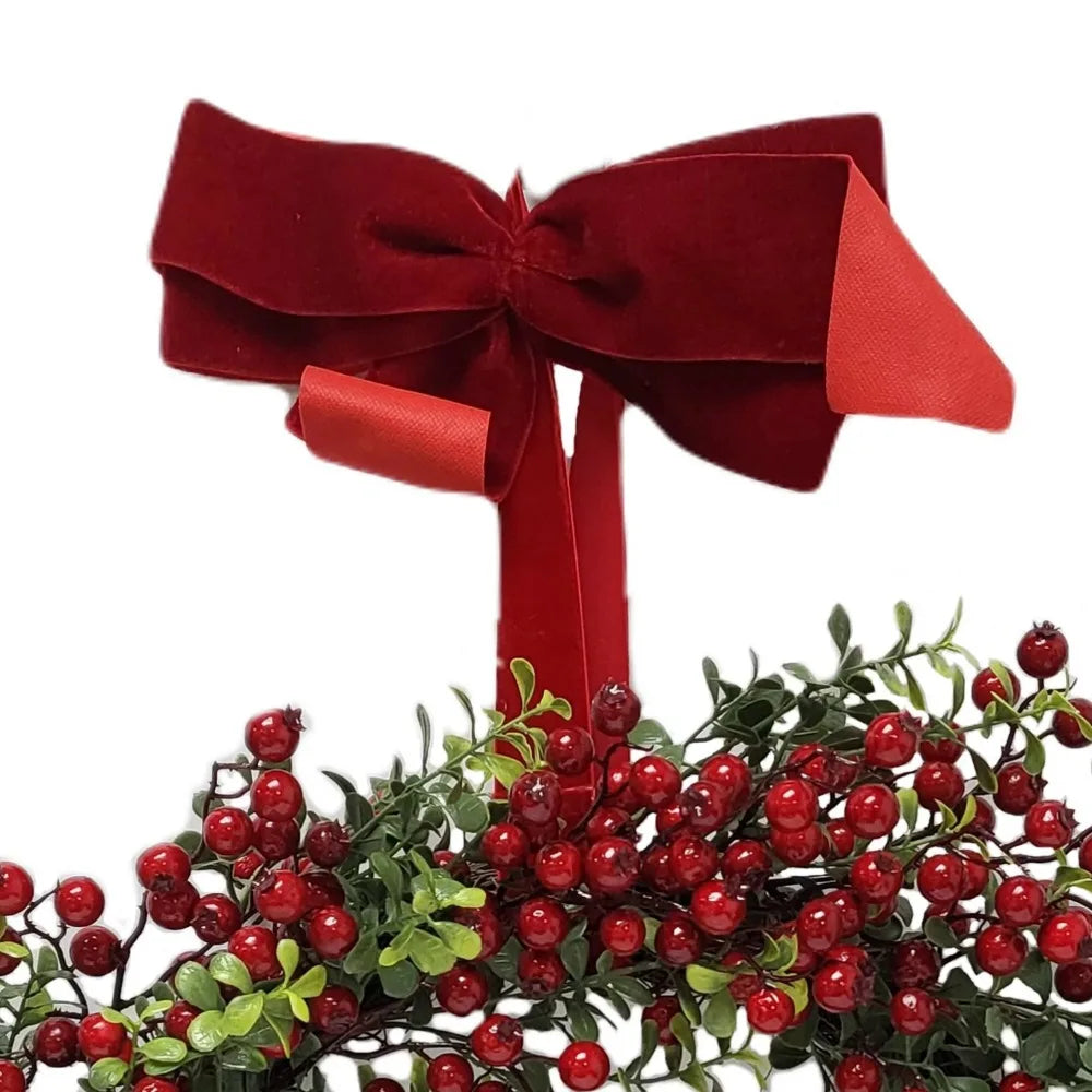 Non-Lit Red Berry Velvet Bow Boxwood Wreath