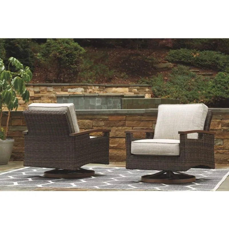 Outdoor Swivel Upholstered Lounge Chair Set, 2 Count, Beige