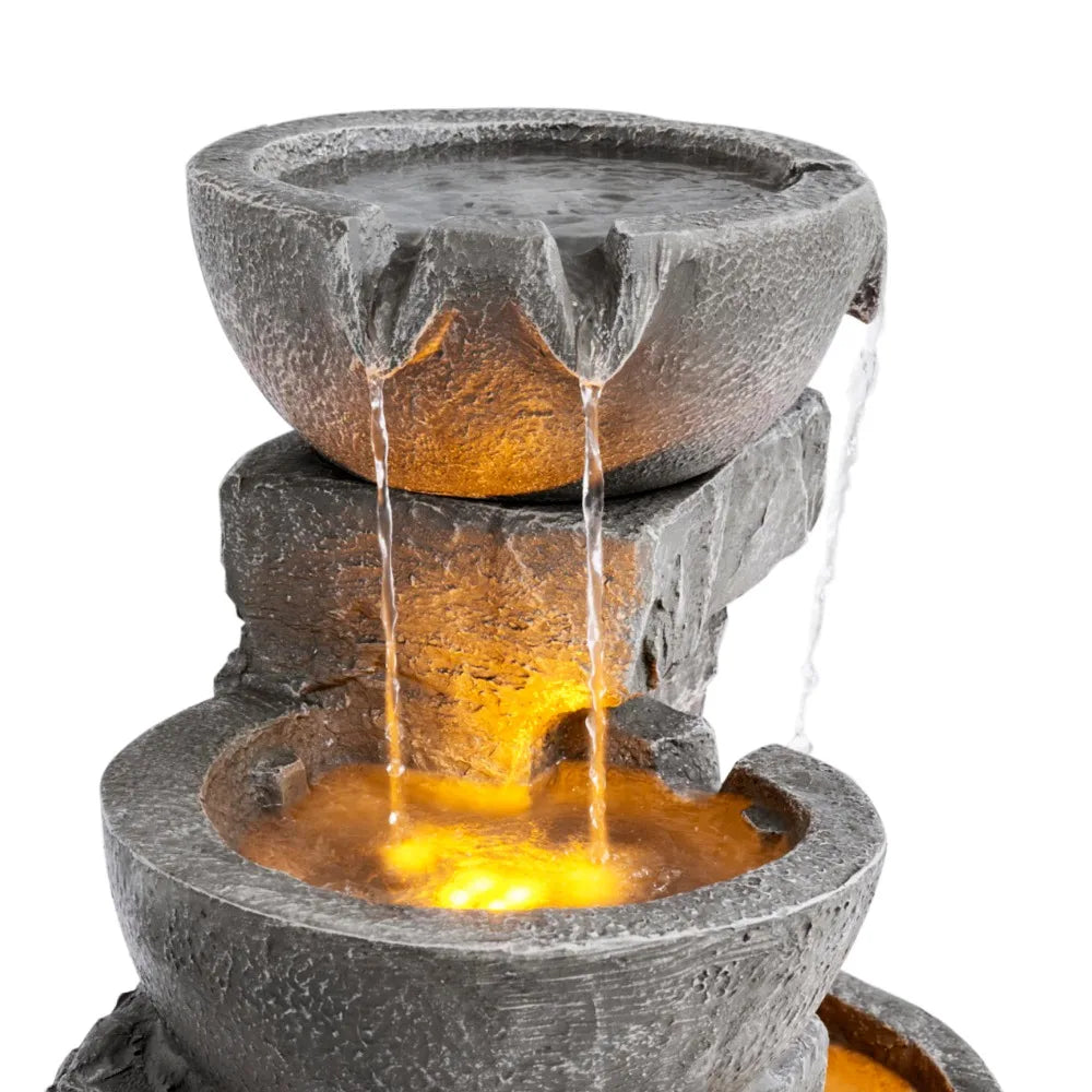 2024 New 33.25 in. Cascading Bowls and Stacked Stones LED Outdoor Water Fountain