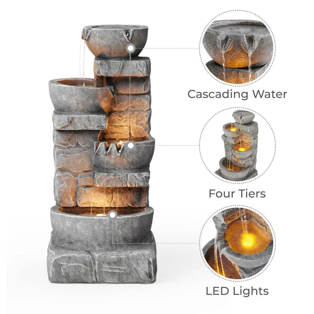 2024 New 33.25 in. Cascading Bowls and Stacked Stones LED Outdoor Water Fountain