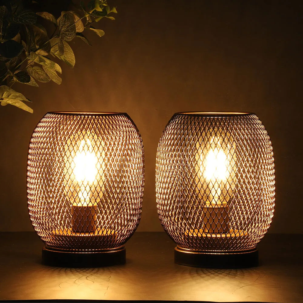 2Pcs Metal Cage Table Lamp Round Shaped LED Lantern Battery Powered