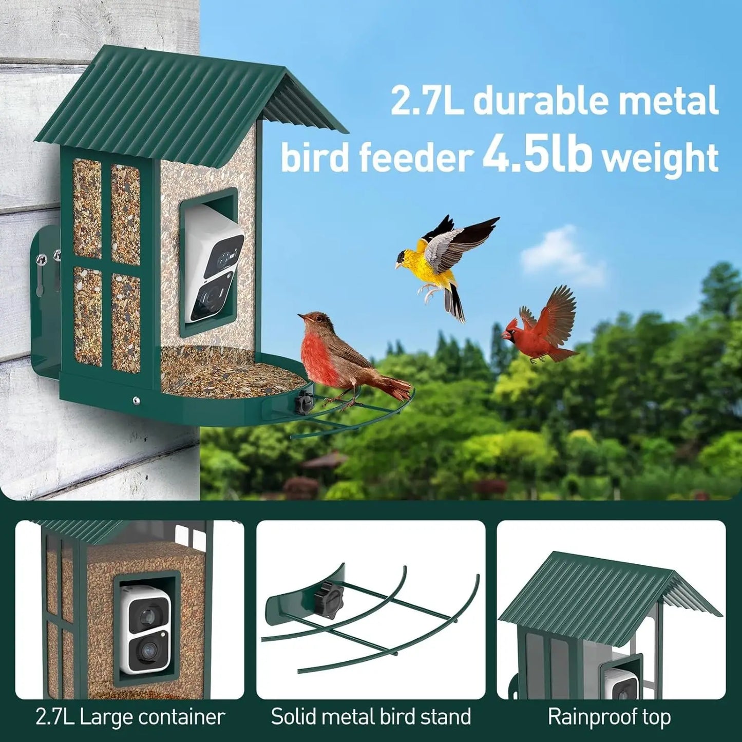 SOLIOM® BF08- Metal Bird Feeder Camera with Smart AI Identify Bird Species, Wild Bird Watching Cam,