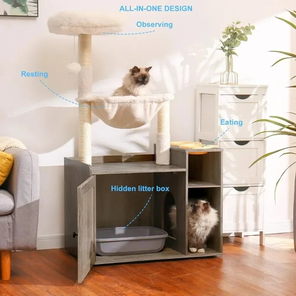 OEING All-in-one Cat Tower for Indoor Cats with Large Hammock,Cat Tree with XL Litter Box Enclosure, Bed, Food Station