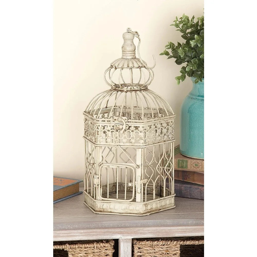 Deco 79 Metal Hexagon Birdcage with Latch Lock Closure and Hanging Hook, Set of 2 21", 18"H, Cream