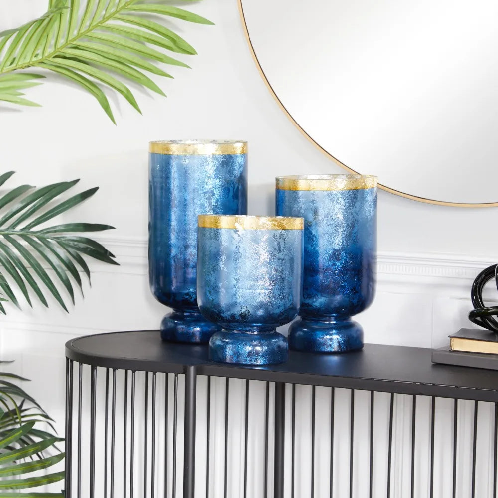 3-Slot Blue Glass Pillar Hurricane Lamp with Gold Interior, Set of 3 Home Decor