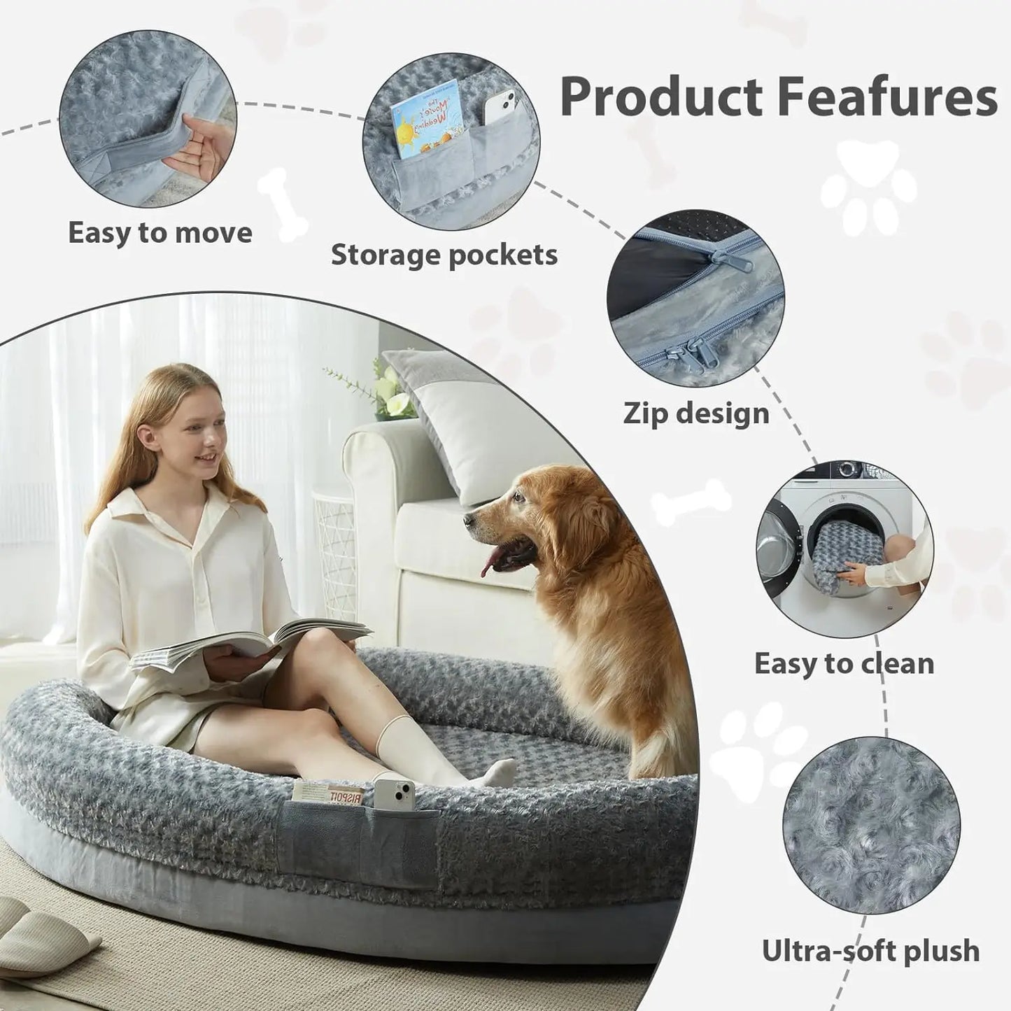 Human Sized Dog Bed with Egg Crate Foam,  with Washable Cover