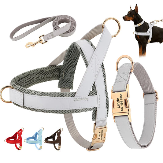 Personalized Dog Collar Harness Leash Set Custom Dog Collars No Pull Pet Vest