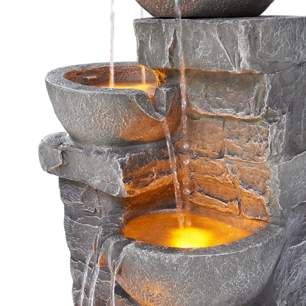 2024 New 33.25 in. Cascading Bowls and Stacked Stones LED Outdoor Water Fountain