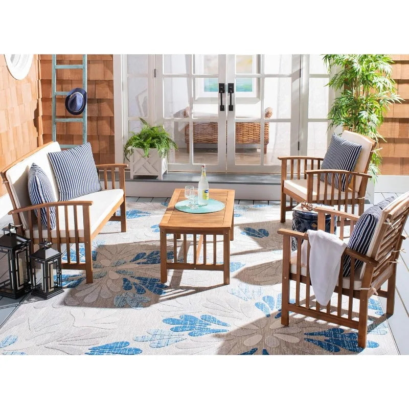 Rocklin Natural/ Beige Cushions/ Thin Stripe Pillows 4-Piece Conversation Patio Set