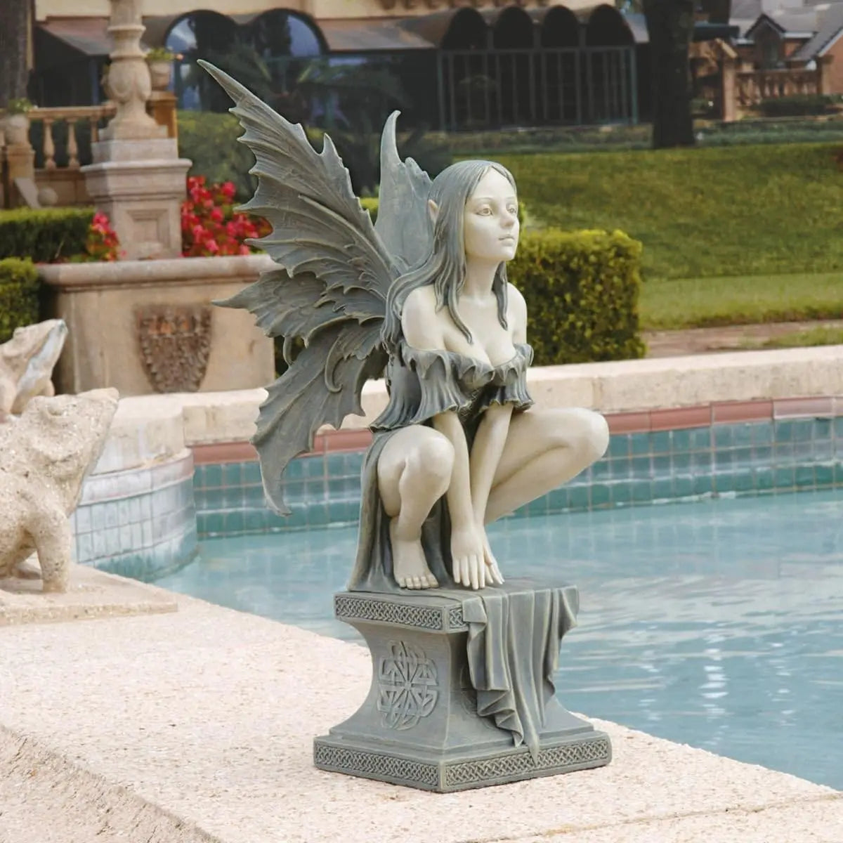 Celtic Fairy's Perilous Perch Outdoor Garden Statue, Large, 19 Inch, Two Tone Stone