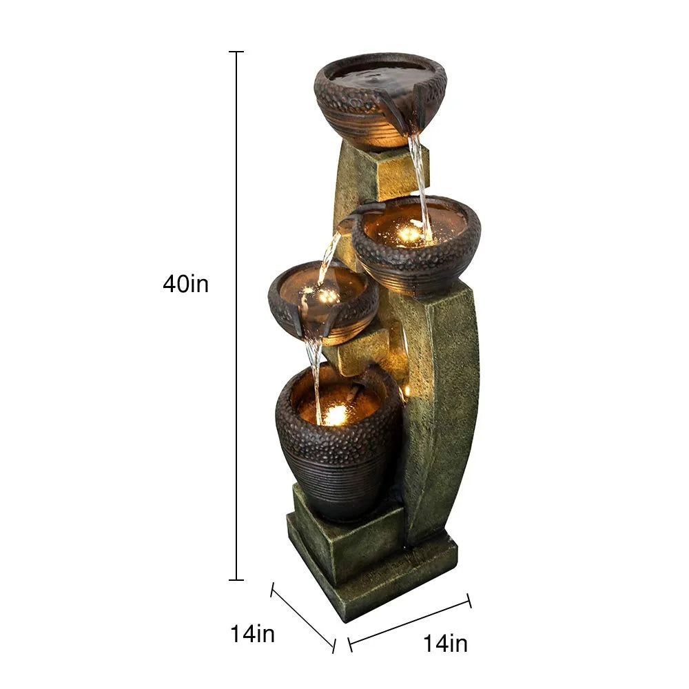 2024 New 40” H Modern Outdoor Fountain - 4 Crocks Outdoor Garden Fountains with Contemporary Design&LED Light