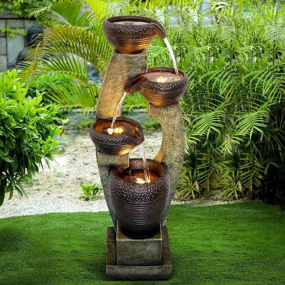 2024 New 40” H Modern Outdoor Fountain - 4 Crocks Outdoor Garden Fountains with Contemporary Design&LED Light