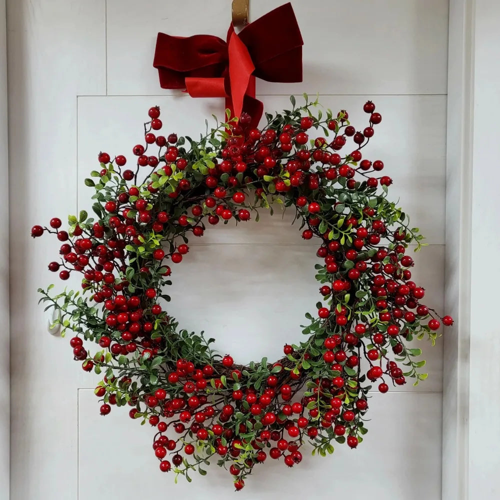 Non-Lit Red Berry Velvet Bow Boxwood Wreath