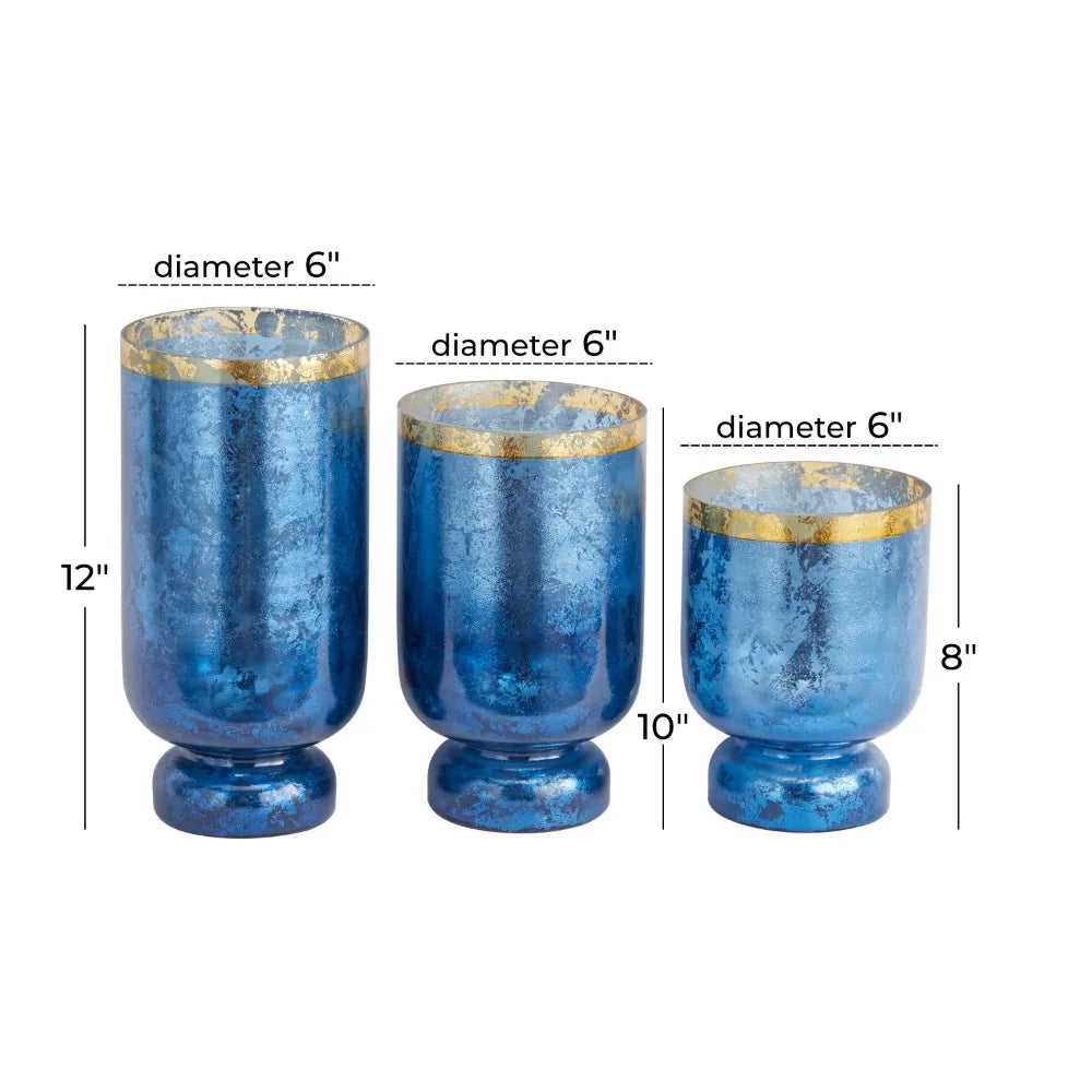 3-Slot Blue Glass Pillar Hurricane Lamp with Gold Interior, Set of 3 Home Decor