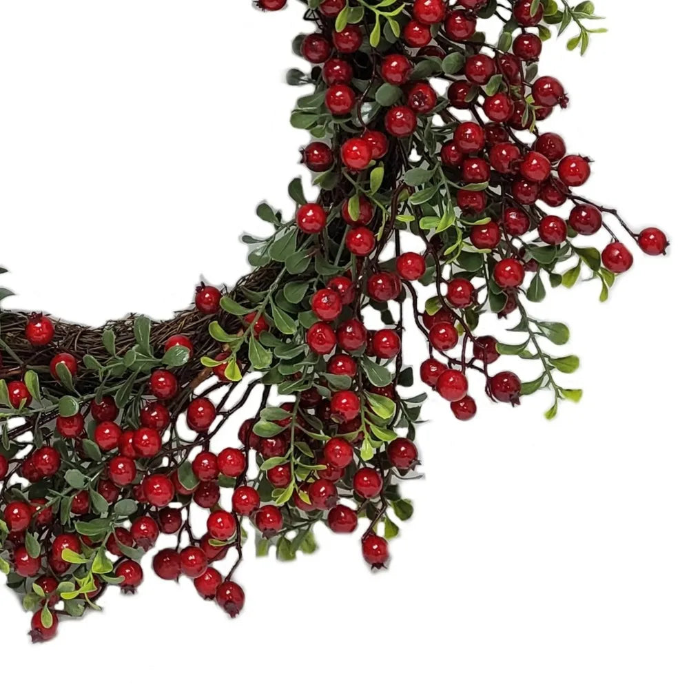 Non-Lit Red Berry Velvet Bow Boxwood Wreath