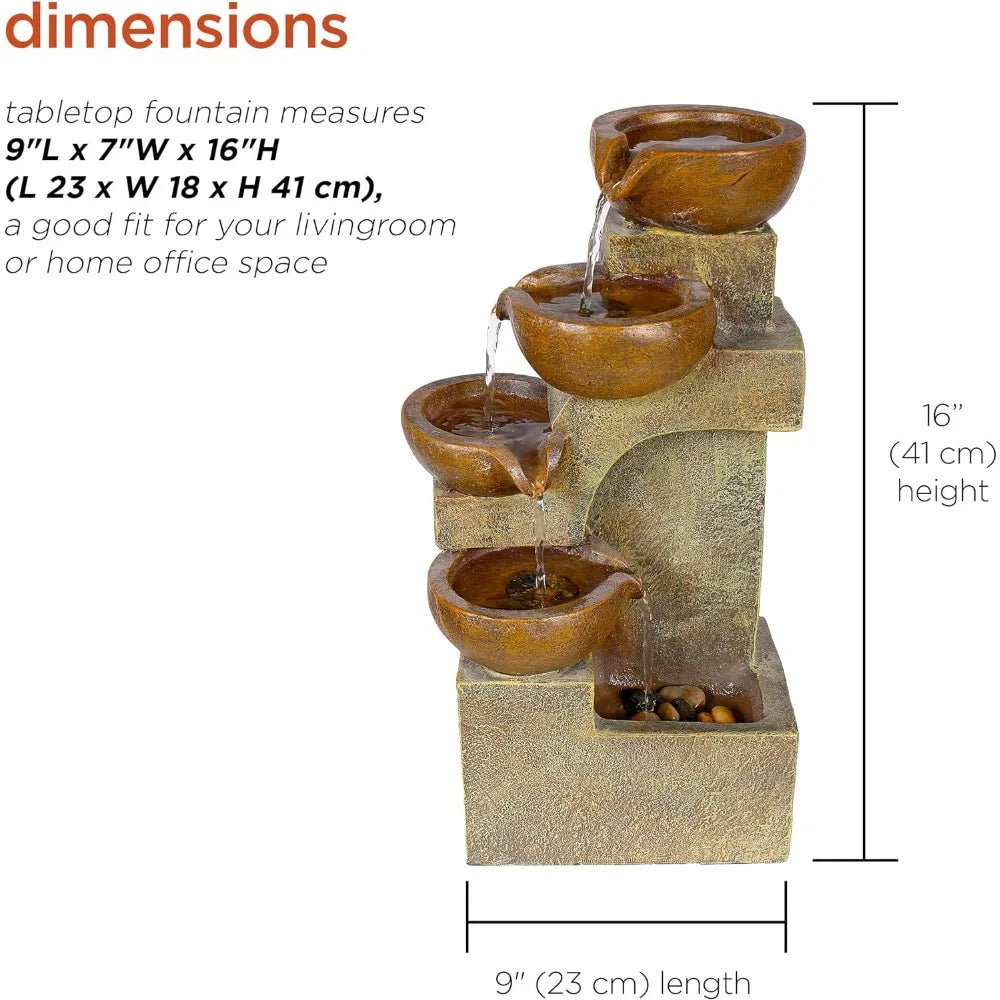 WCT726 Indoor/Outdoor Tabletop Tiered Pouring Pots Waterfall Fountain with Natural Stone Look, 16", Brown