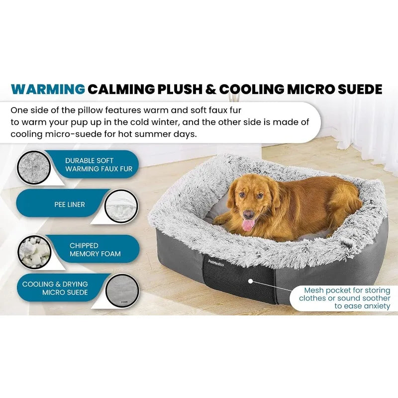 PetMedics Calming Orthopedic Fluffy Washable Dog Bed with Warming, Cooling Foam Pillow -