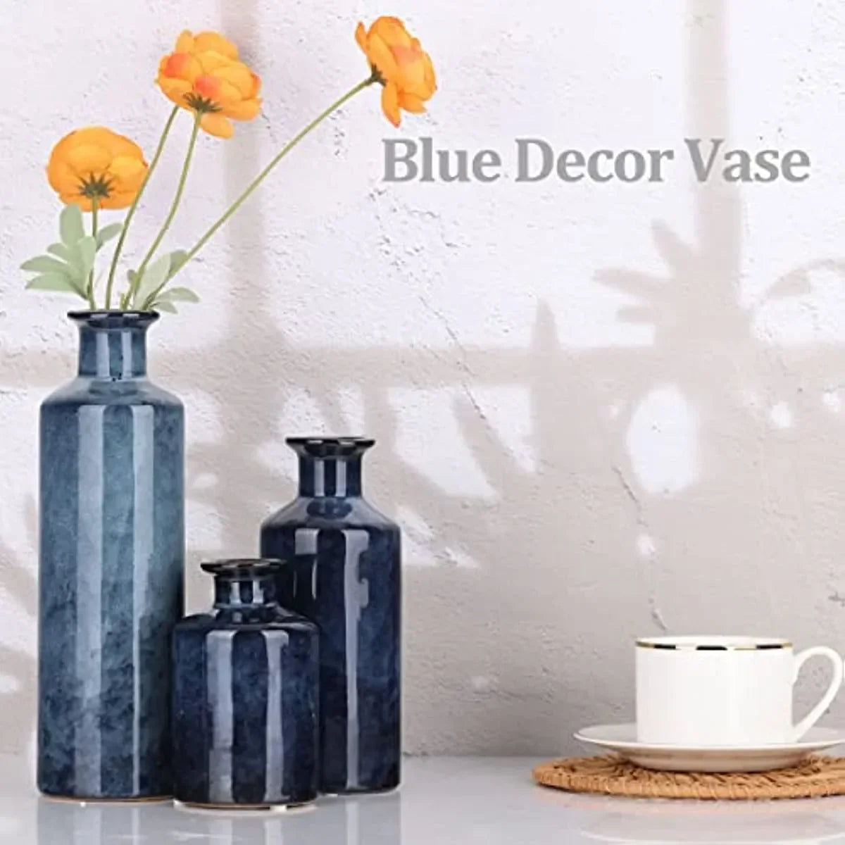 Blue Ceramic Vases Set 3 Blue Small Vase Farmhouse Country