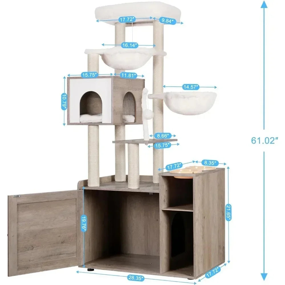 OEING All-in-one Cat Tower for Indoor Cats with Large Hammock,Cat Tree with XL Litter Box Enclosure, Bed, Food Station