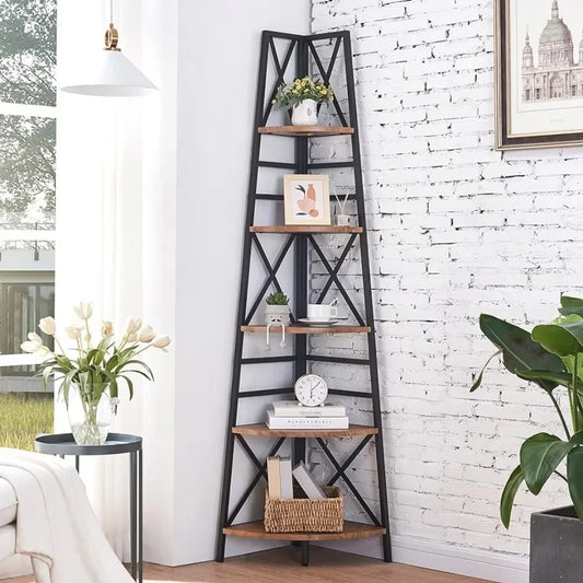 Rustic Brown Finish Home Decorations 5-Tier Industrial Corner Bookshelf