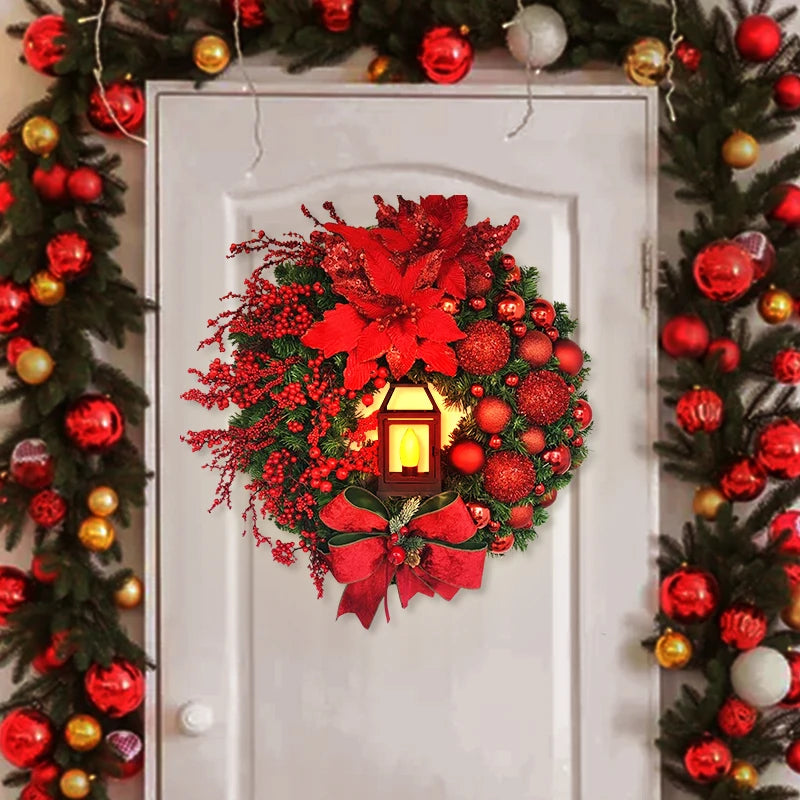 Christmas Wreath With Light Bow Ball Big Red Flower