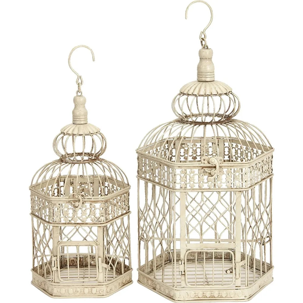 Deco 79 Metal Hexagon Birdcage with Latch Lock Closure and Hanging Hook, Set of 2 21", 18"H, Cream