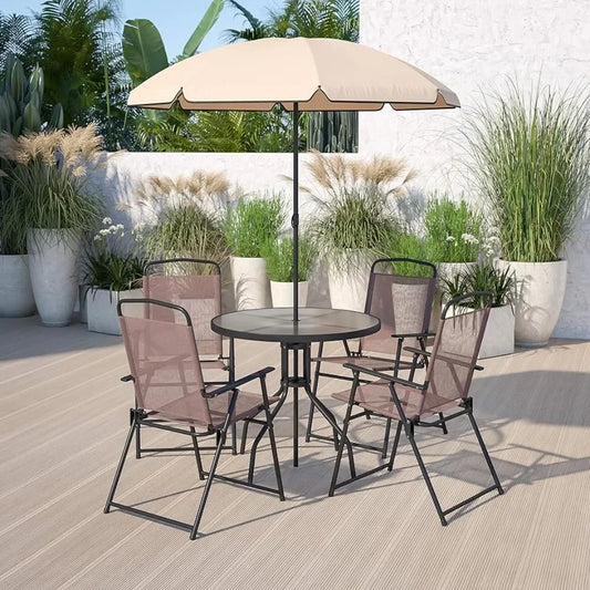 Garden furniture sets, 6-Piece Patio Dining Set with Glass Table, 4 Folding Chairs, and Umbrella