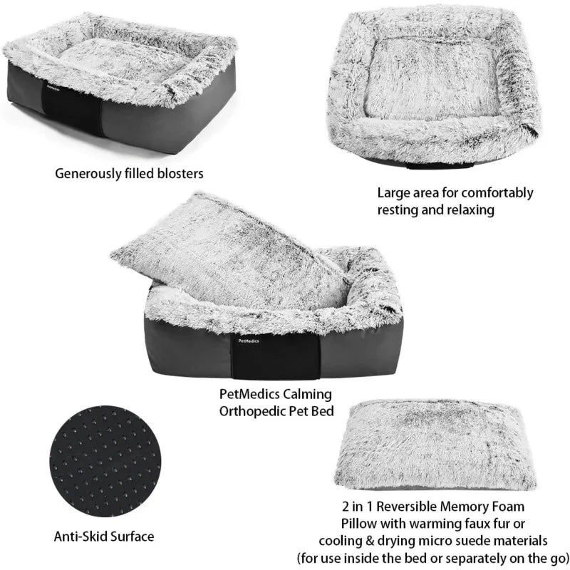 PetMedics Calming Orthopedic Fluffy Washable Dog Bed with Warming, Cooling Foam Pillow -