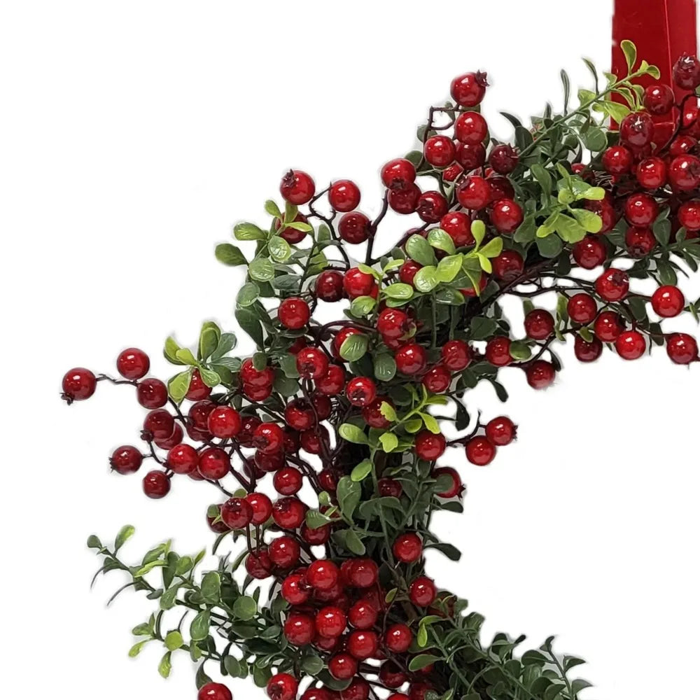 Non-Lit Red Berry Velvet Bow Boxwood Wreath