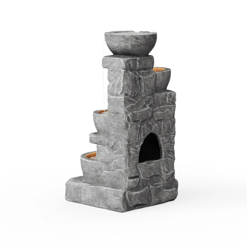 2024 New 33.25 in. Cascading Bowls and Stacked Stones LED Outdoor Water Fountain