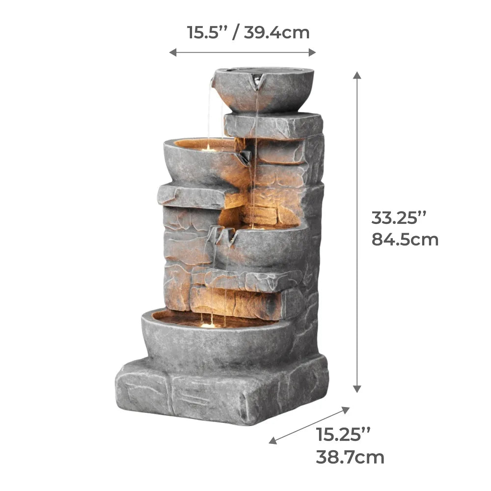 2024 New 33.25 in. Cascading Bowls and Stacked Stones LED Outdoor Water Fountain