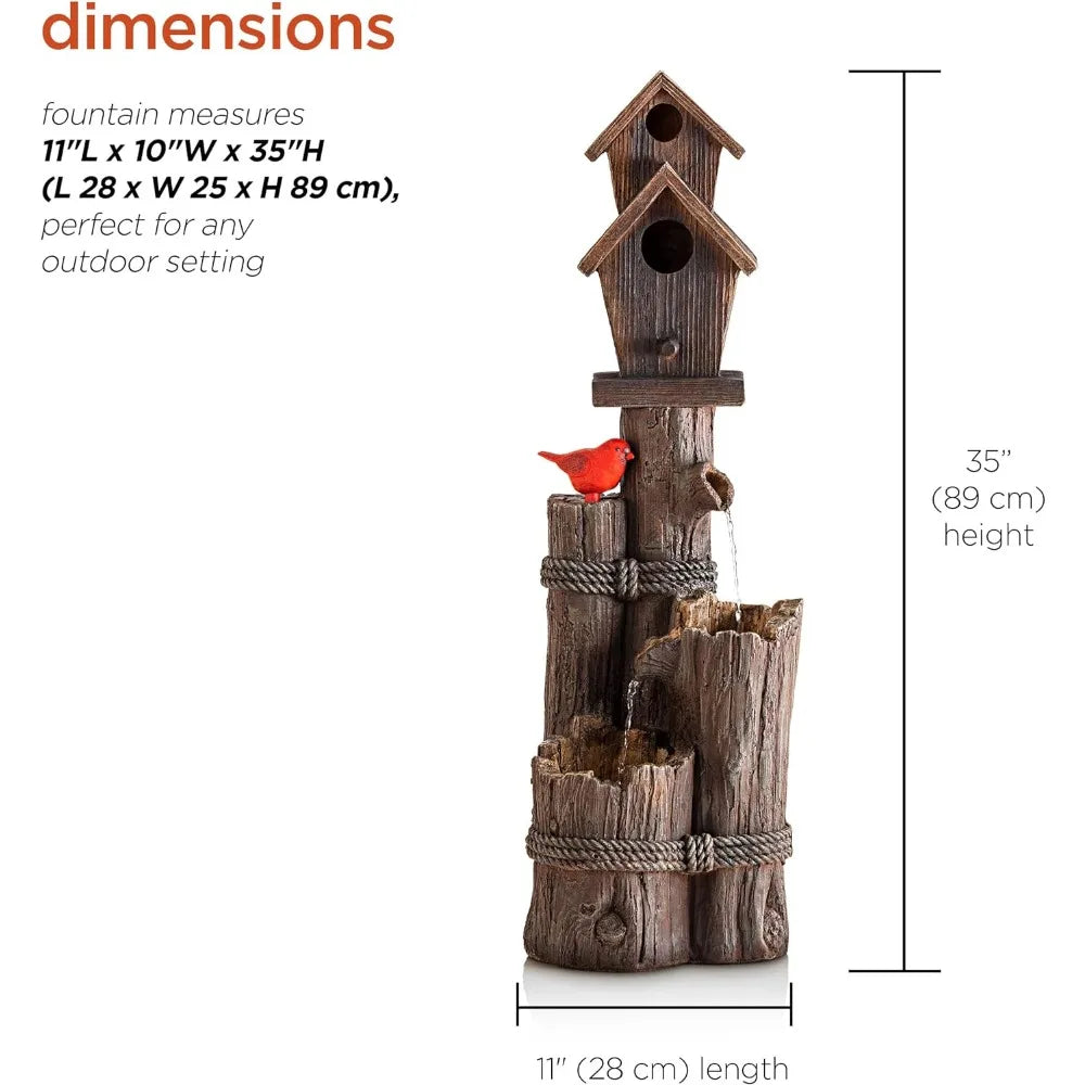 Outdoor Waterfall Fountain, Birdhouse, 35", Brown, Outdoor Floor 3-Tiered Log and Branch Waterfall Fountain