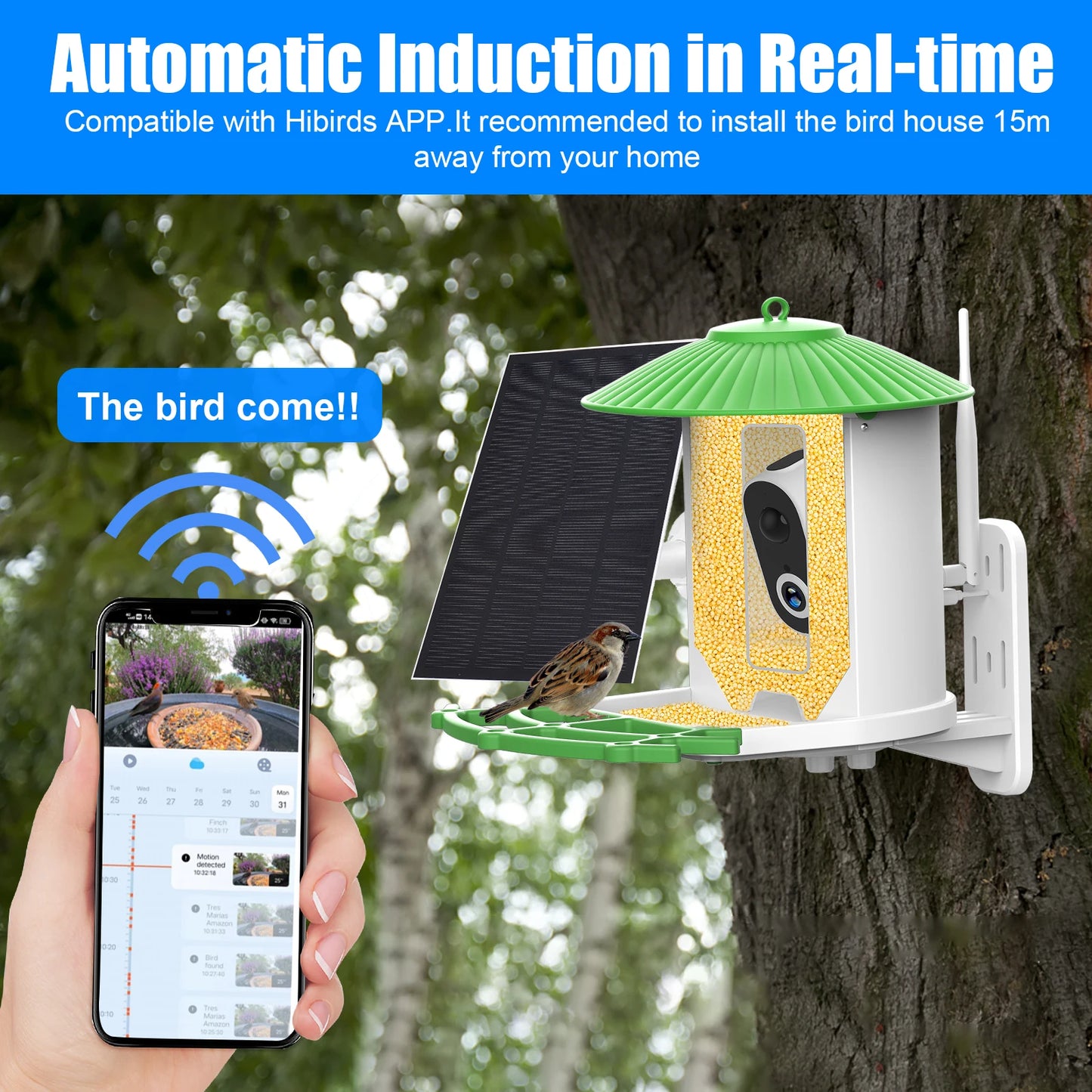 Smart Bird Feeder with Camera APP Night Vision 1080P HD Wireless Solar Panel