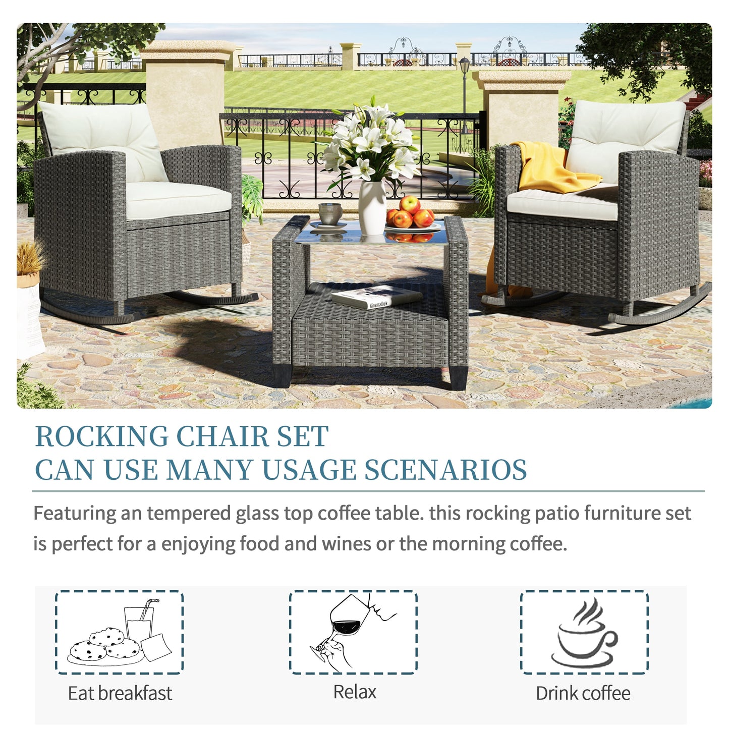 Outdoor Patio Rattan Wicker Rocking Furniture 3Pcs Set w/ Cushion 2 Rocking Chair Sofa+1 Tea Table