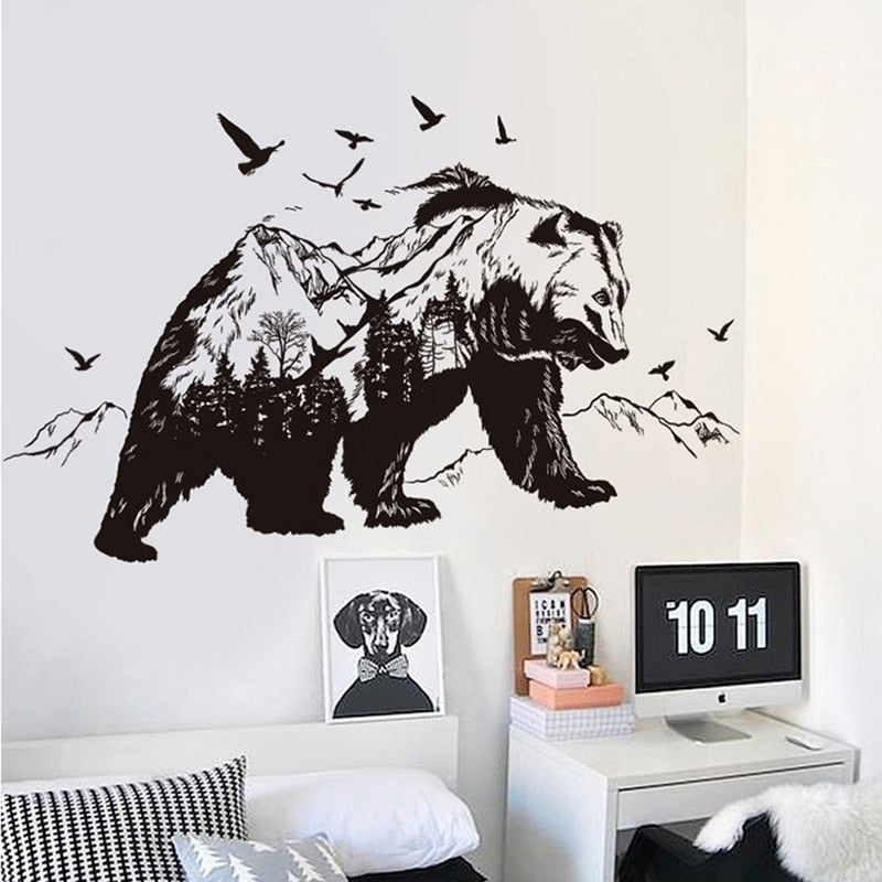 Large Size Diy Home Decor Black Bears Fish Tattoo Mural Mountain Wall Sticker New Design Vinyl Wall Art Decals Room Decor - yourcasuallifestore