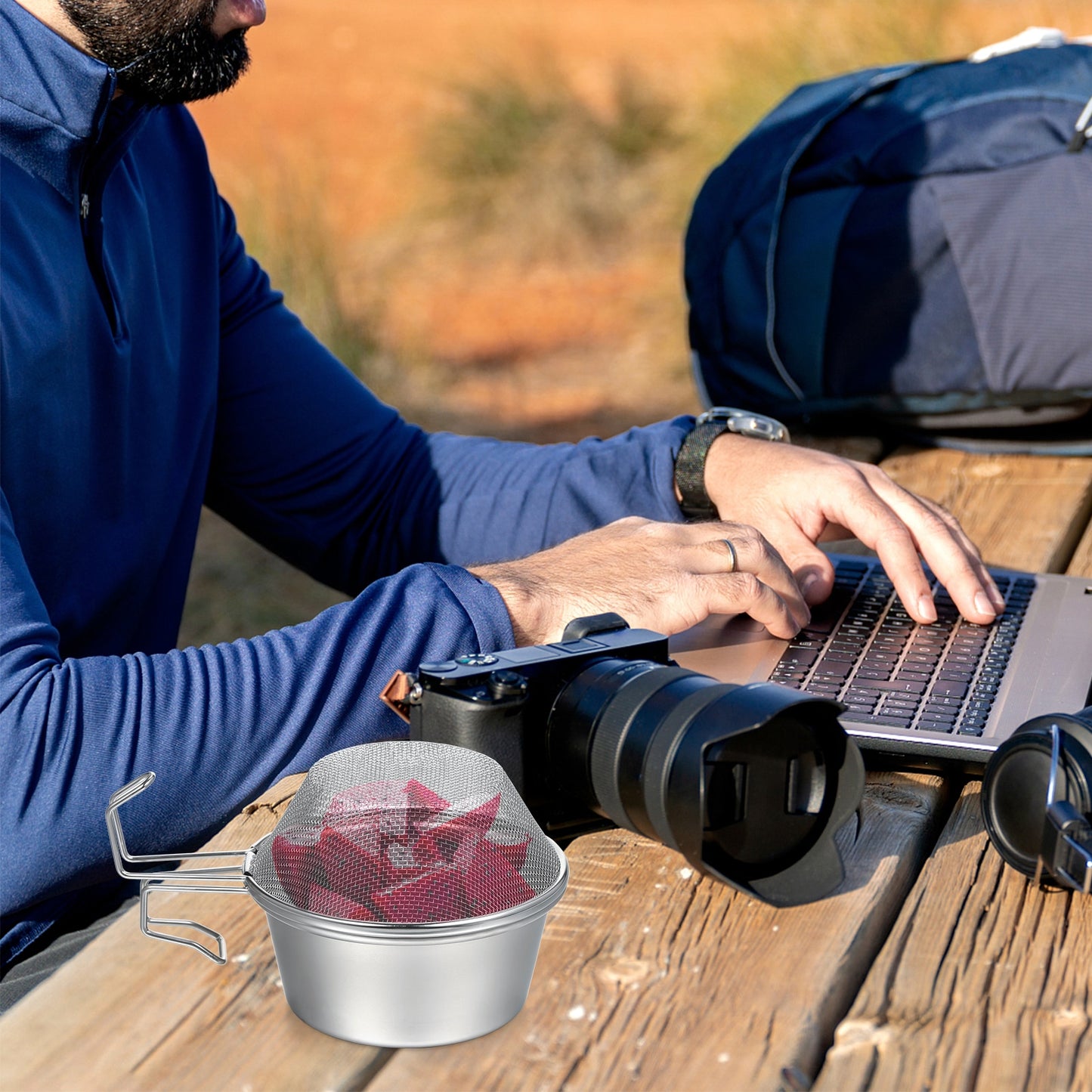 Stainless Steel Sierra Cup Bowl with Mesh Strainer Colander and Lid for Camping Hiking