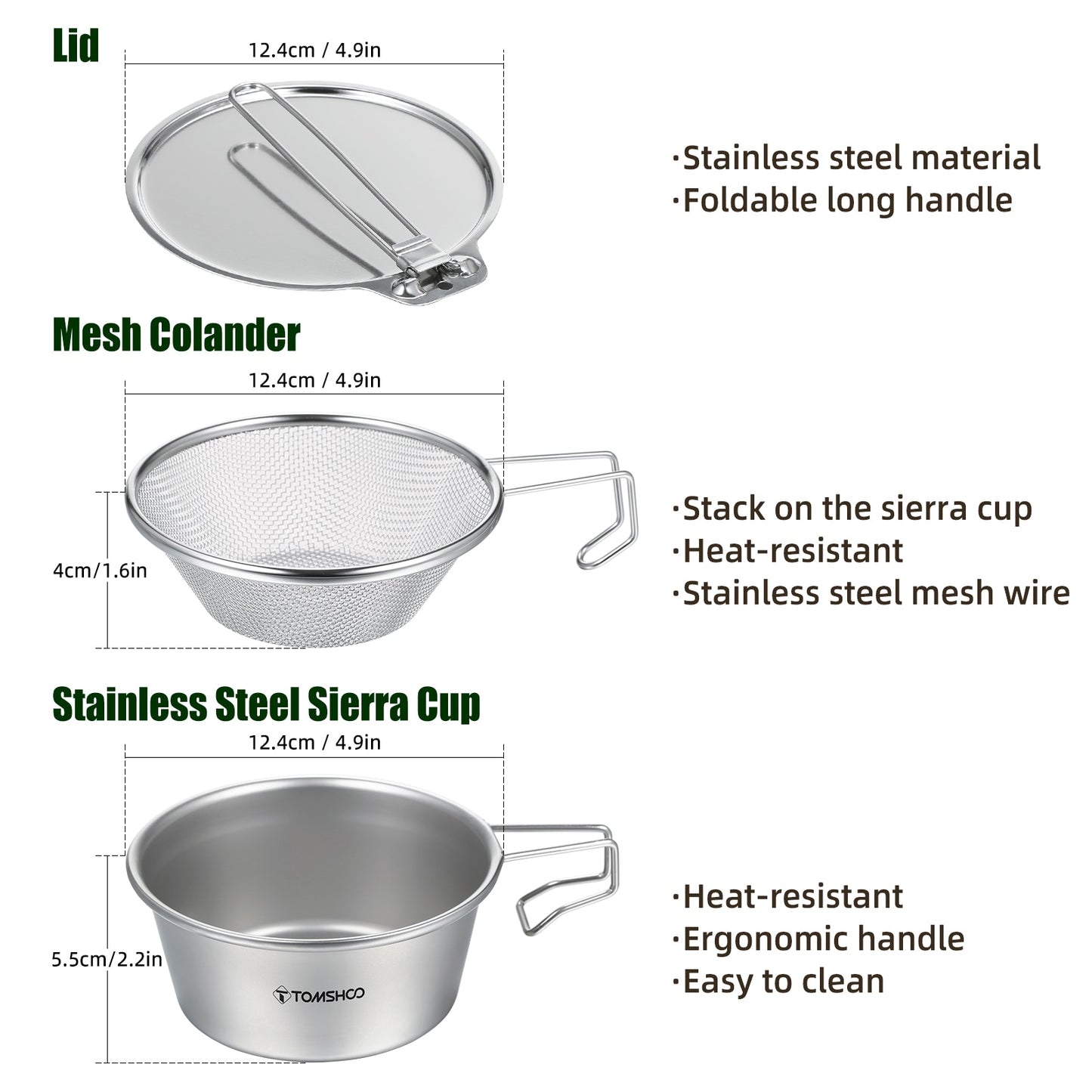 Stainless Steel Sierra Cup Bowl with Mesh Strainer Colander and Lid for Camping Hiking