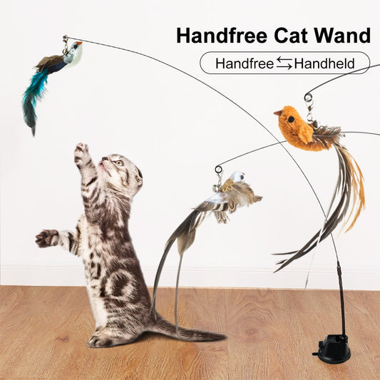 Handfree Bird/Feather Cat Wand with Bell Powerful Suction Cup Interactive Toys for Cats Kitten Hunting Exercise Pet Products - yourcasuallifestore