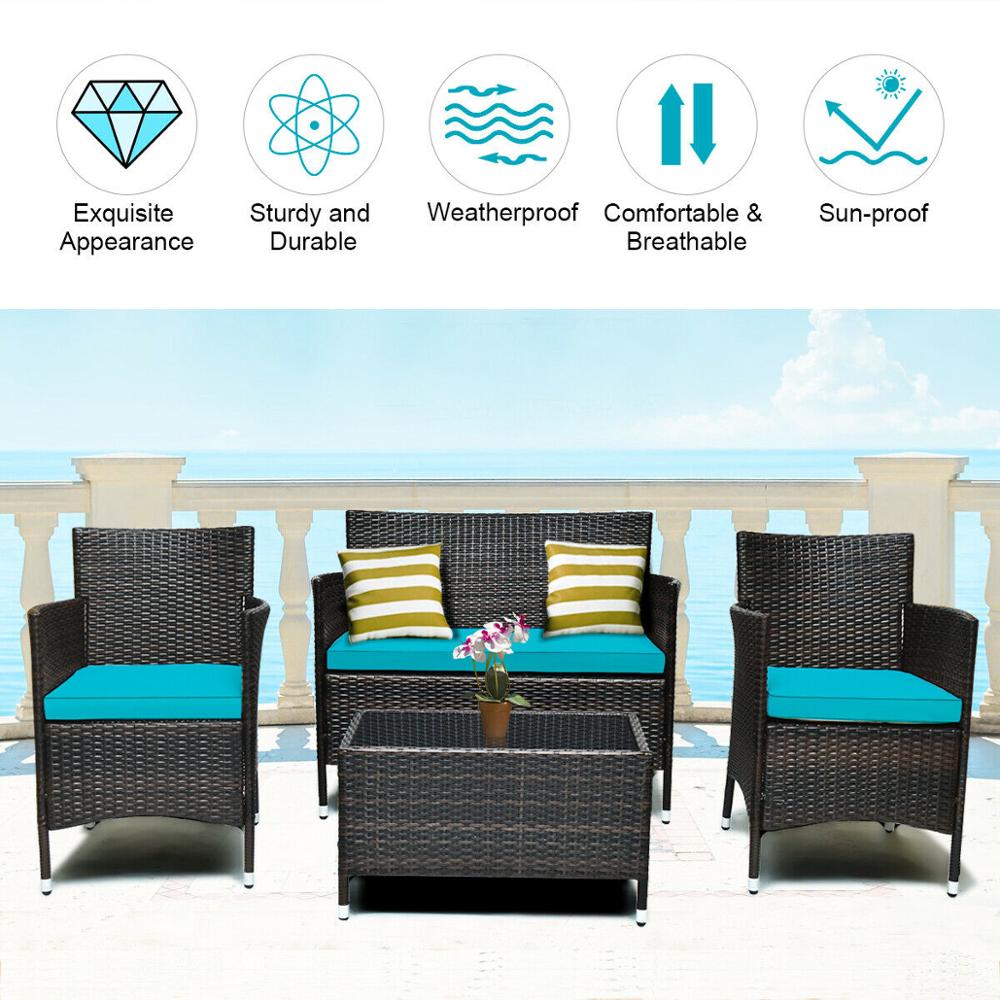 4PCS Rattan Patio Furniture Set Cushioned Sofa Chair Coffee TableTurquoise HW63214