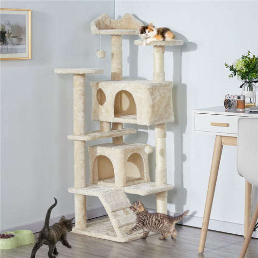 54.5&quot; Double Condo Cat Tree with Scratching Post Tower,Cat climbing frame, Black,Beige,Brown,Dark Gray,Light Gray,Light Gray - yourcasuallifestore