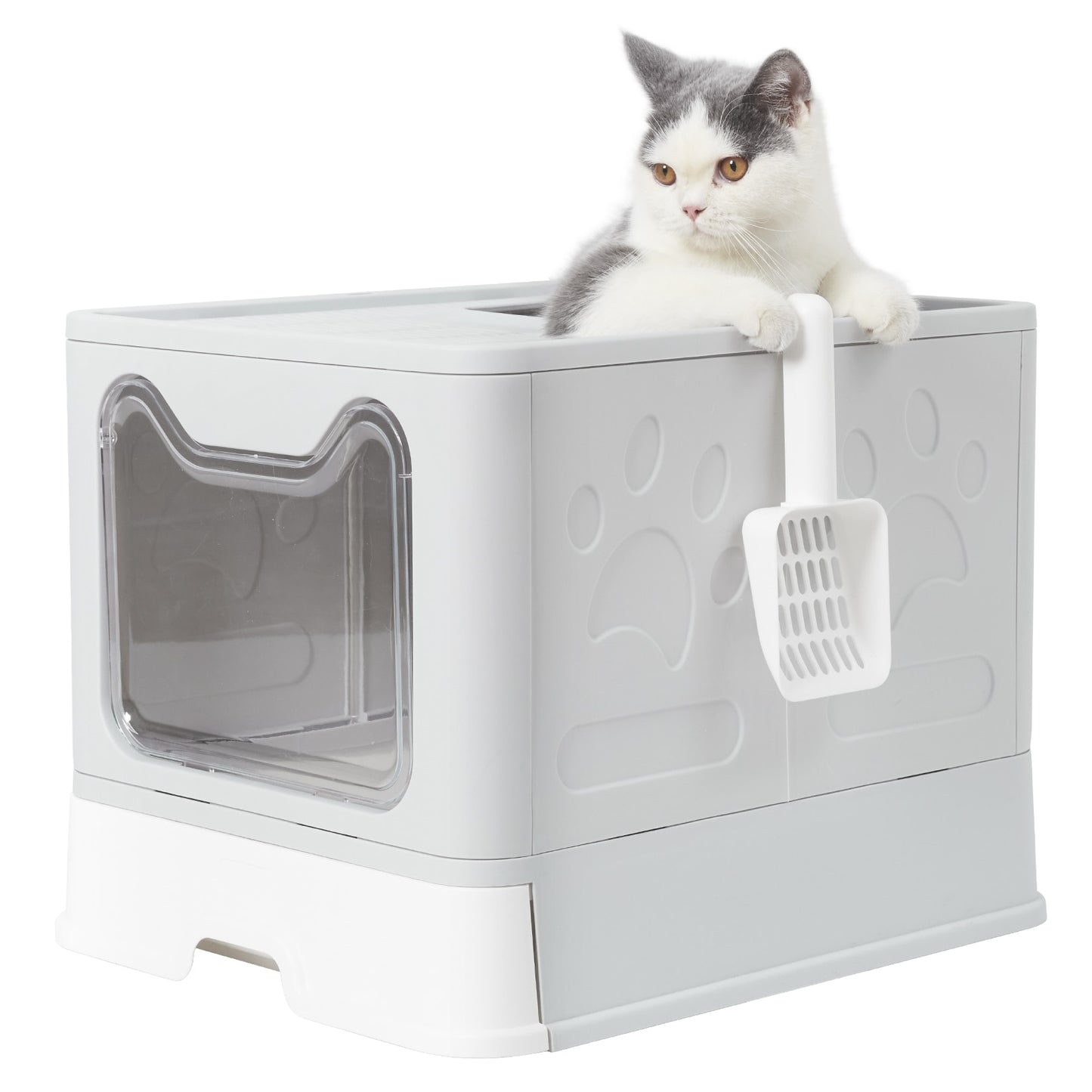 XXL Large Space Foldable Cat Litter Box with Front Entry &amp; Top Exit with Tray