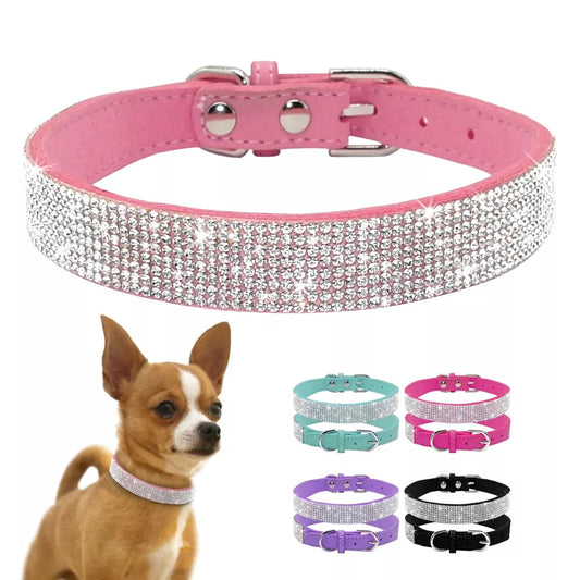 Comfortable Suede Fiber Crystal Dog Collar Glitter Rhinestone Dog Collars Zinc Alloy Buckle Collar for Small Dogs Cats XS/S/M/L - yourcasuallifestore