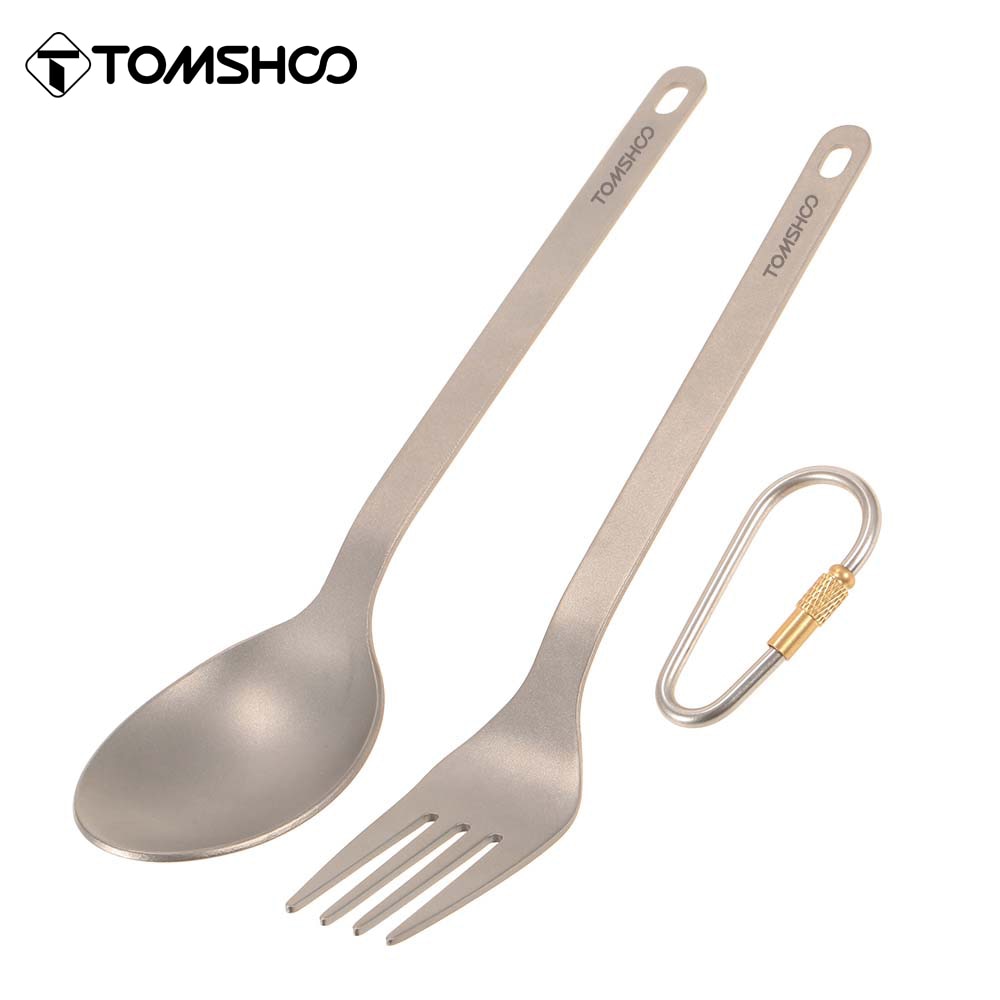 Titanium Fork Spoon Cutlery Set Outdoor Camping Flatware with Carabiner Storage Sack for Home Hiking