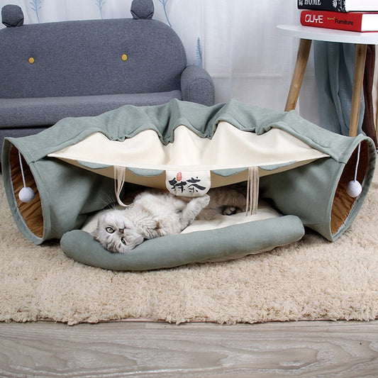 Foldable Cat Bed House Interactive Cat Tunnel Toy Drill Pipe Channel Shell Tube Kitten Cave With Balls - yourcasuallifestore