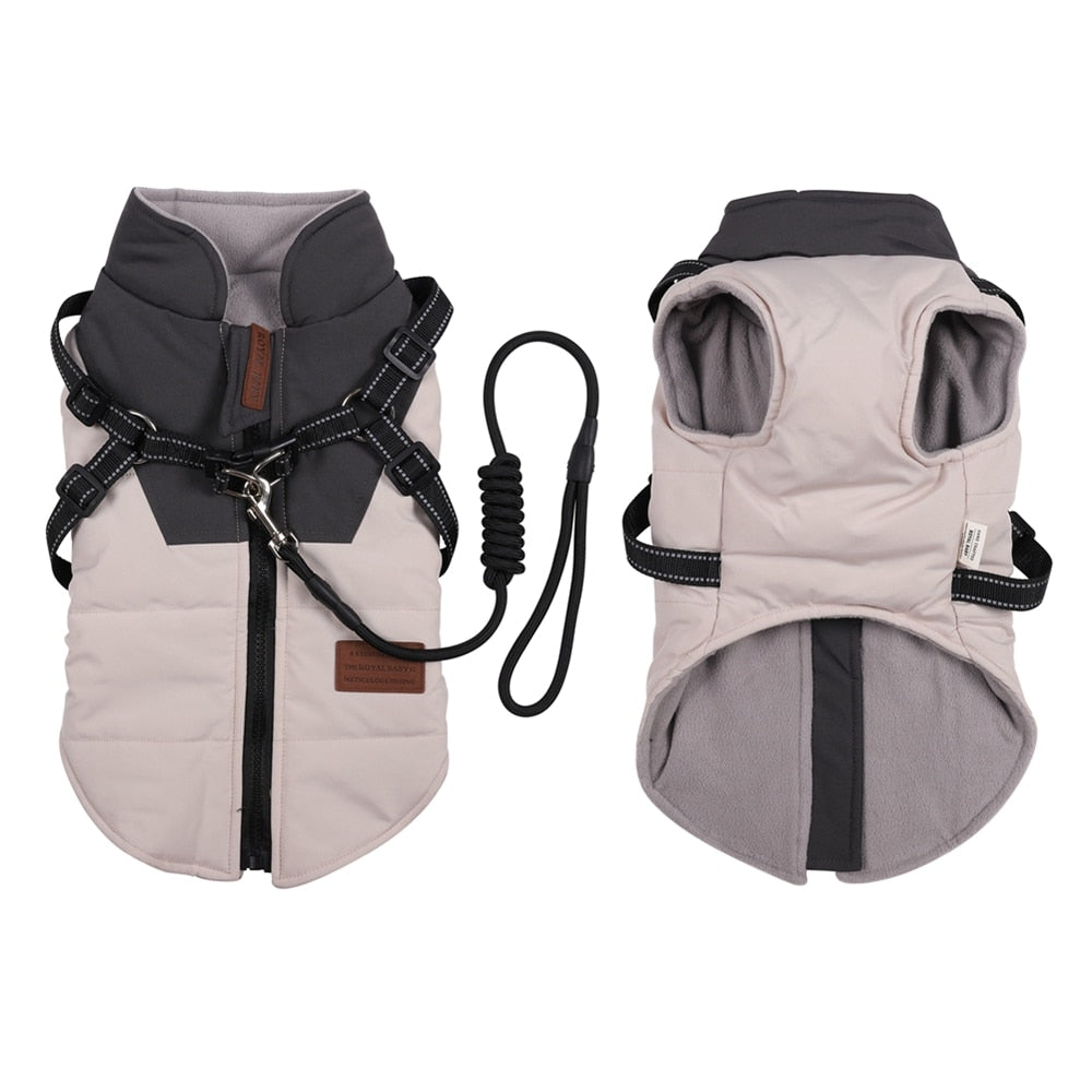 Winter Pet Dog Jacket With Harness Rope Warm Clothes Waterproof Coat